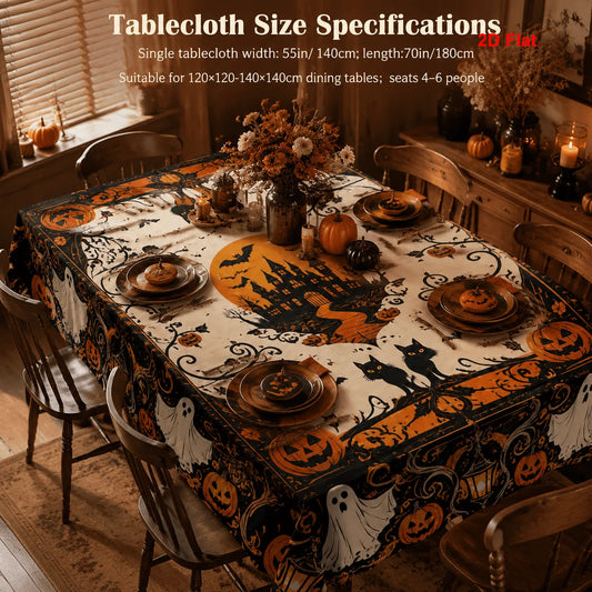 Haunted castle Halloween tablecloth with pumpkin and ghost decor