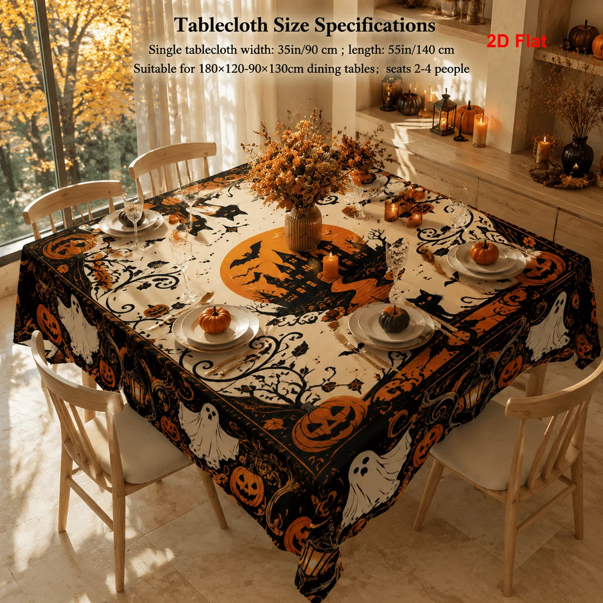 Haunted castle Halloween tablecloth with pumpkin and ghost decor