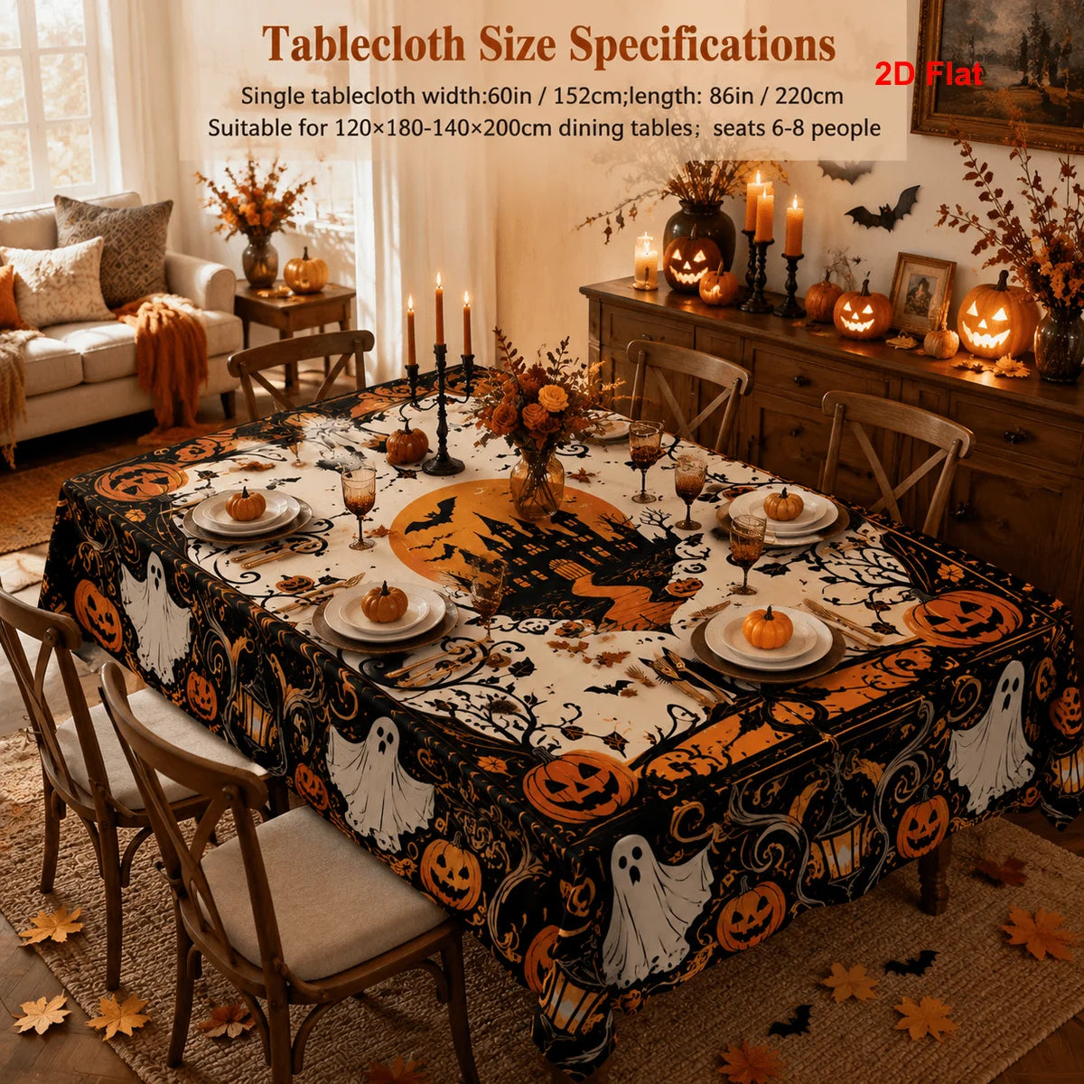 Haunted castle Halloween tablecloth with pumpkin and ghost decor
