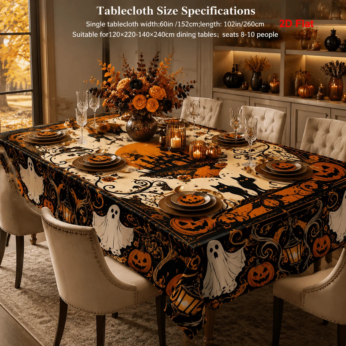 Haunted castle Halloween tablecloth with pumpkin and ghost decor