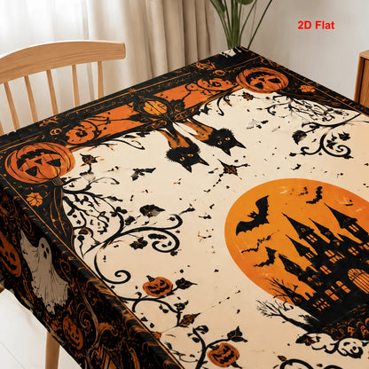 Haunted castle Halloween tablecloth with pumpkin and ghost decor