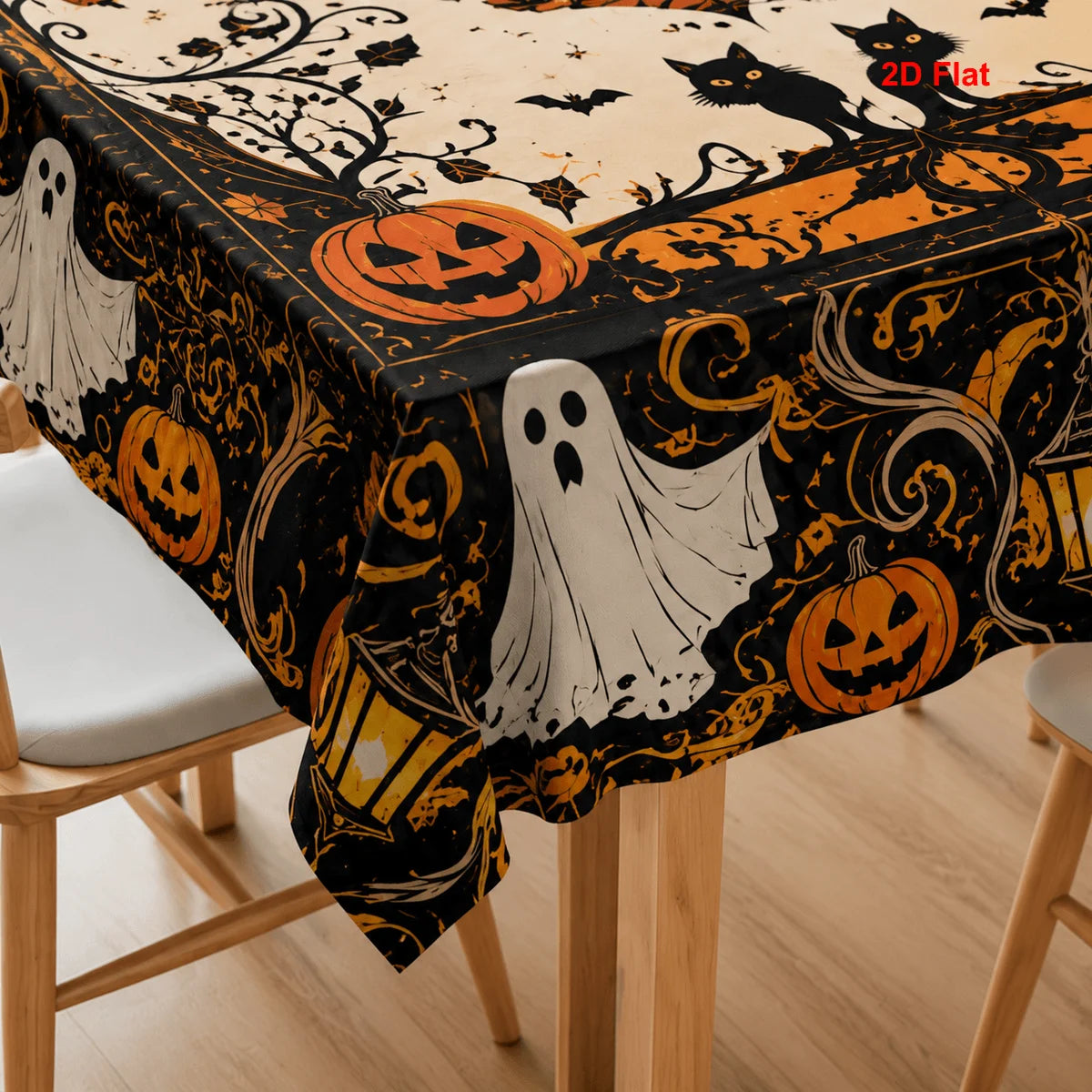Haunted castle Halloween tablecloth with pumpkin and ghost decor