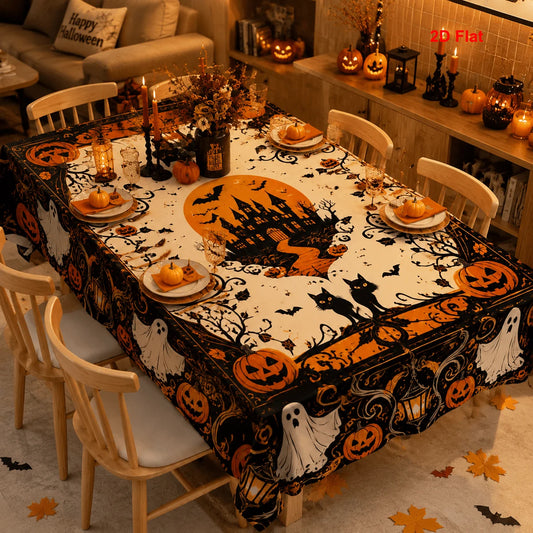 Haunted castle Halloween tablecloth with pumpkin and ghost decor