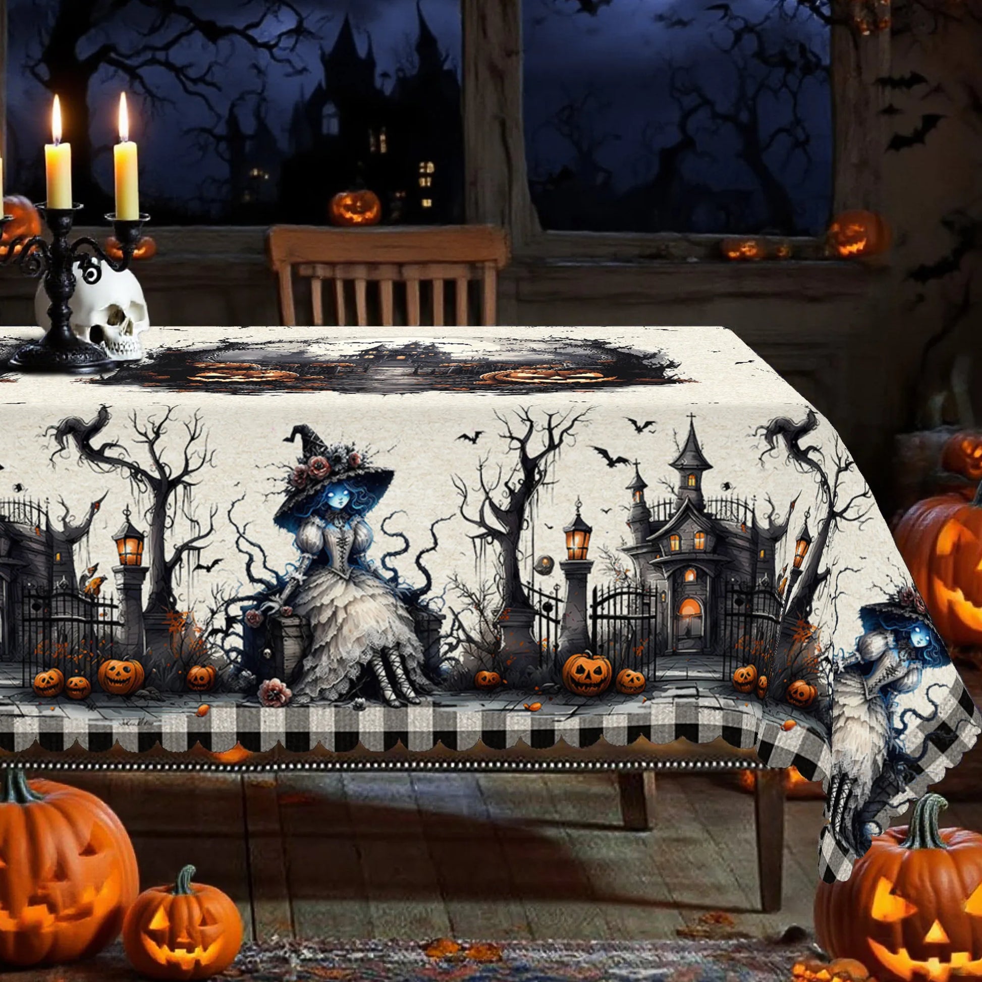 Haunted castle pumpkin Halloween tablecloth with spooky decor