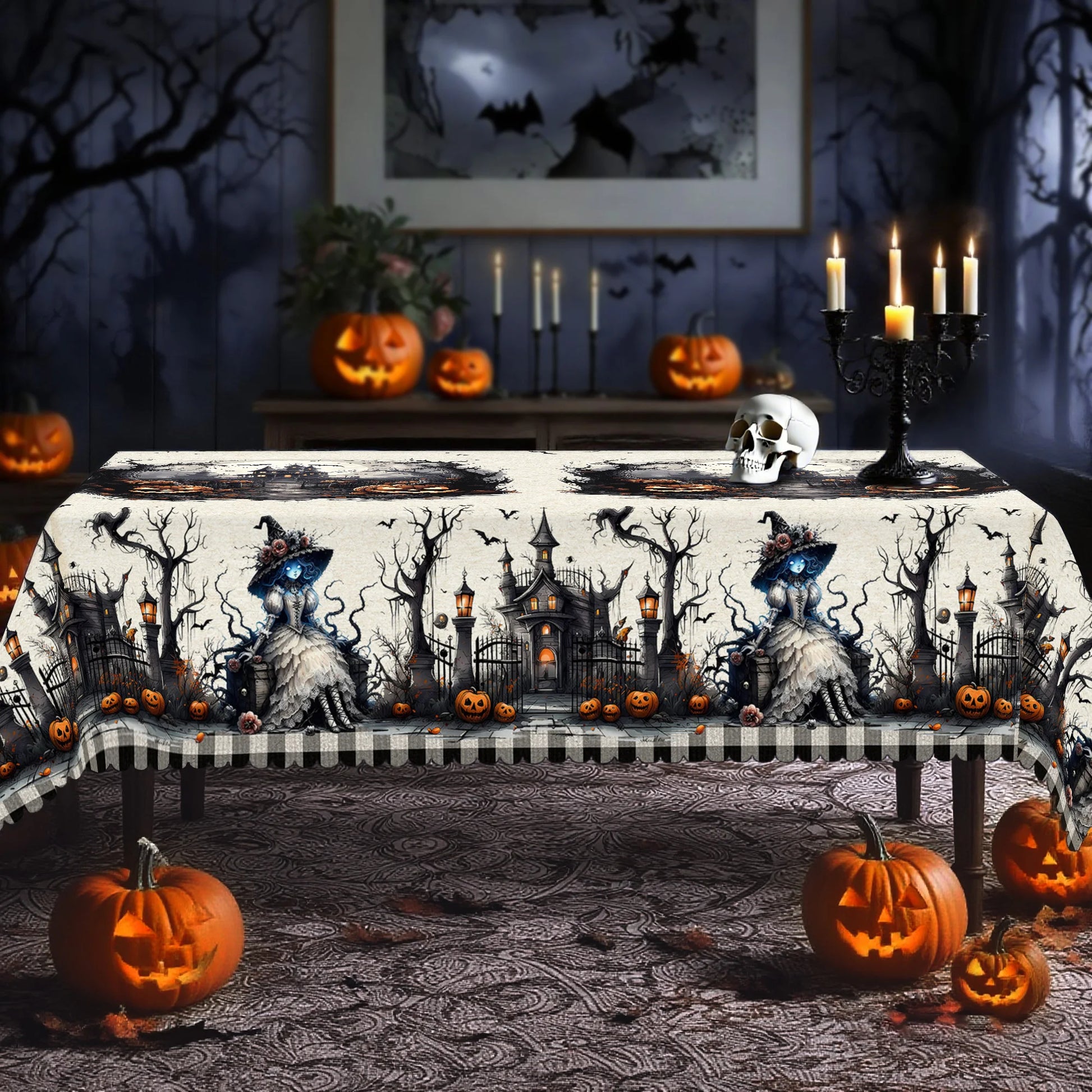 Haunted castle pumpkin Halloween tablecloth with spooky decor