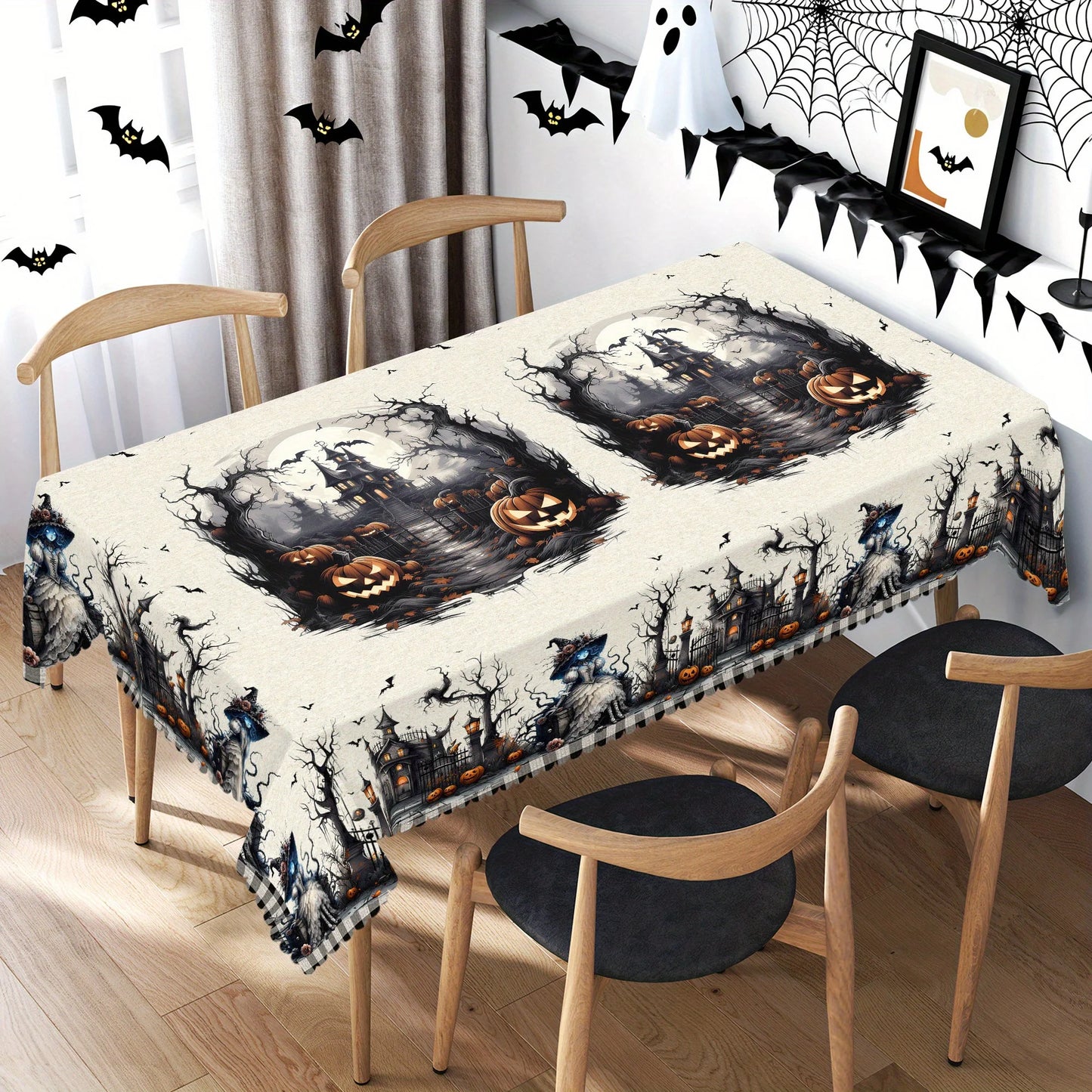 Haunted castle pumpkin Halloween tablecloth with spooky decor