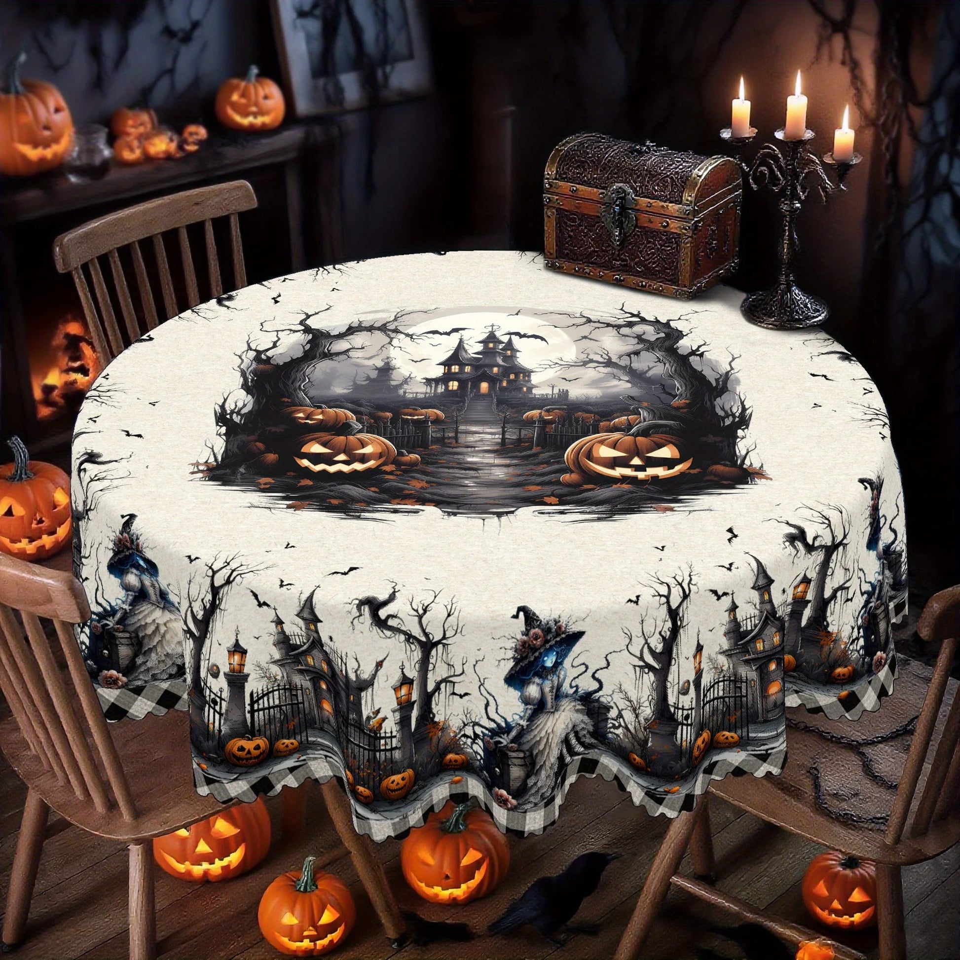 Haunted castle pumpkin Halloween tablecloth with spooky decor