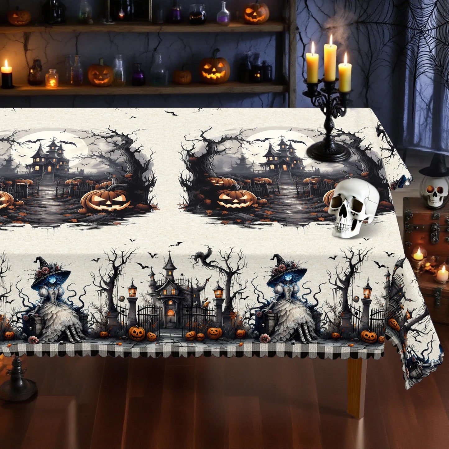 Haunted castle pumpkin Halloween tablecloth with spooky decor