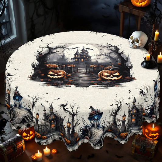 Haunted castle pumpkin Halloween tablecloth with spooky decor