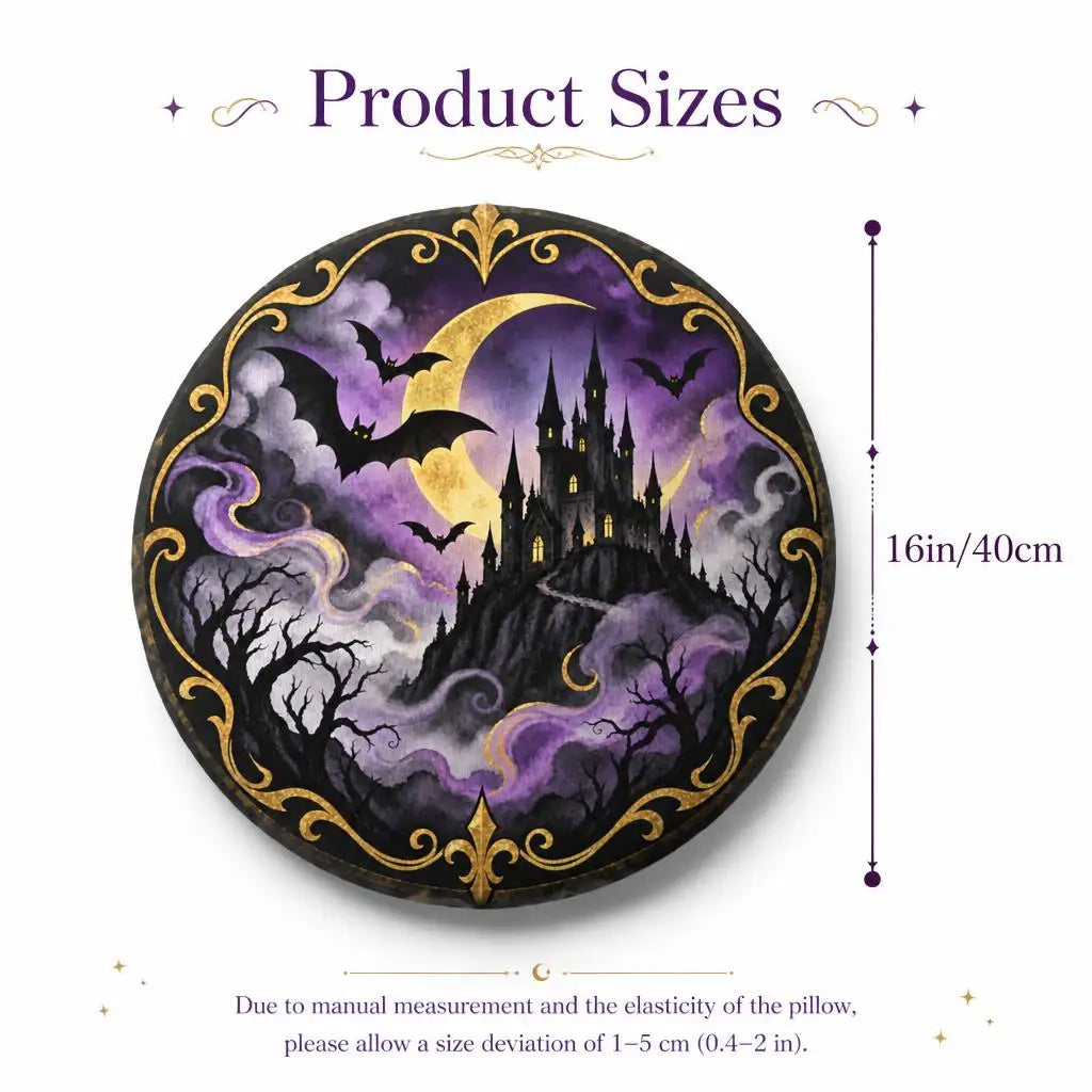 Size guide showing 16 inch / 40 cm: decorative plush pillow featuring round haunted castle composition with bats and moon