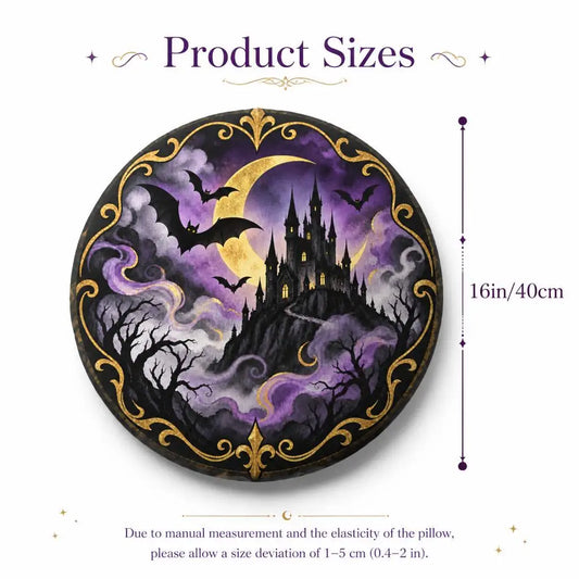 Size guide showing 16 inch / 40 cm: decorative plush pillow featuring round haunted castle composition with bats and moon