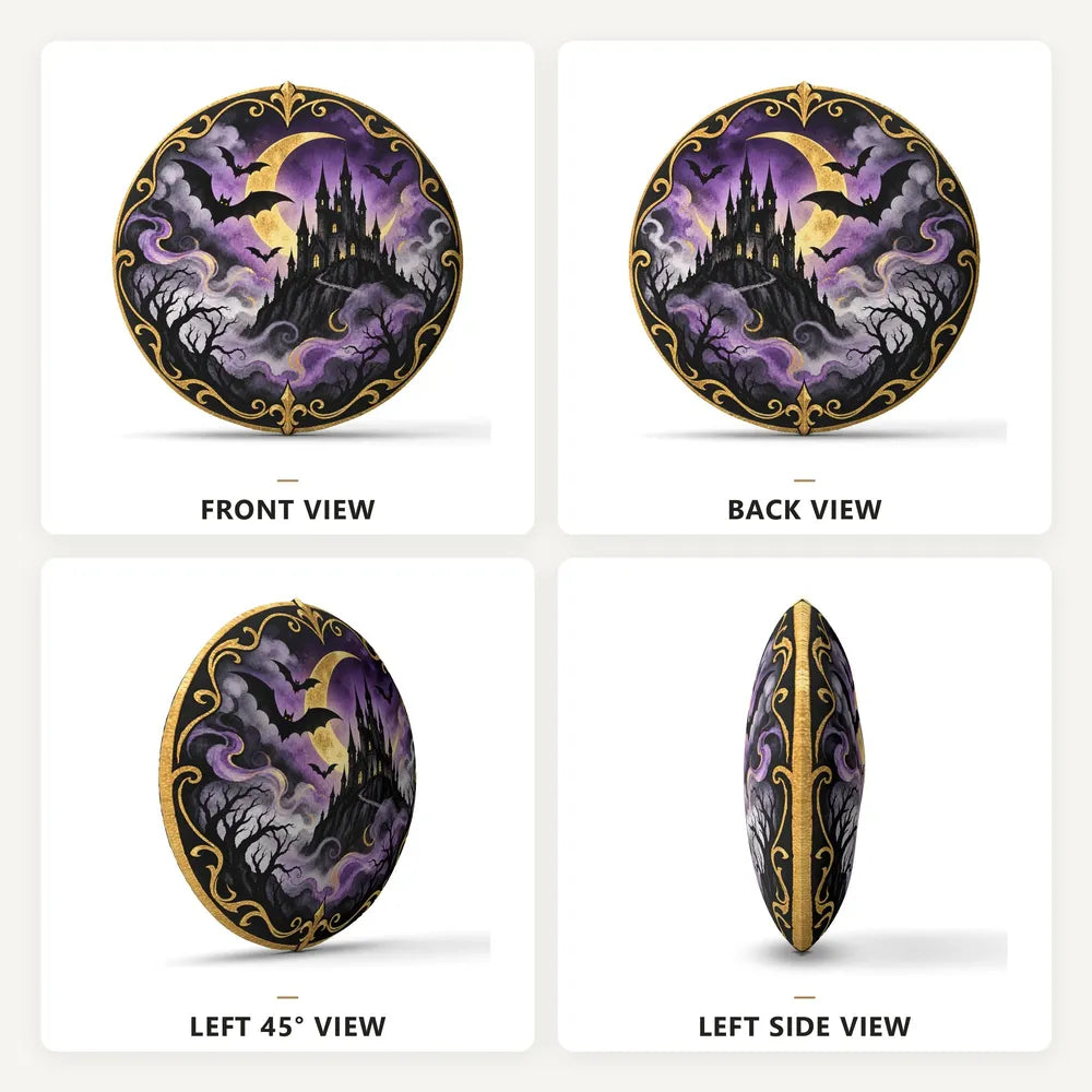 Front, back and side views: decorative plush pillow featuring round haunted castle composition with bats and moon