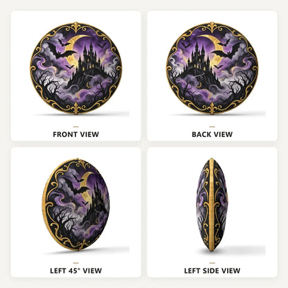 Front, back and side views: decorative plush pillow featuring round haunted castle composition with bats and moon