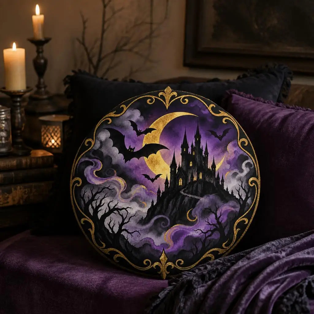 Styled room view: decorative plush pillow featuring round haunted castle composition with bats and moon