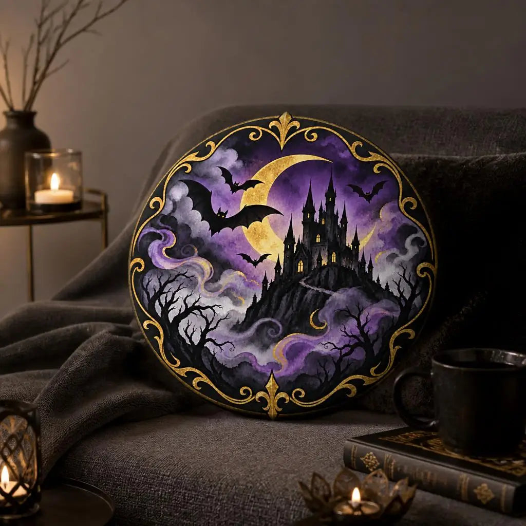 Alternate styled room view: decorative plush pillow featuring round haunted castle composition with bats and moon