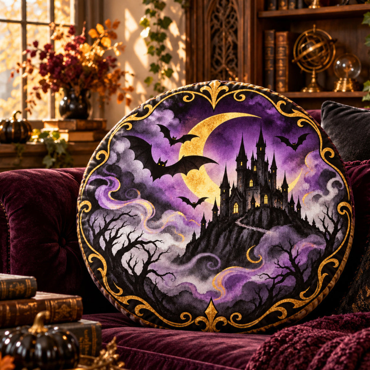 Haunted Castle Round Throw Pillow in a witchy room