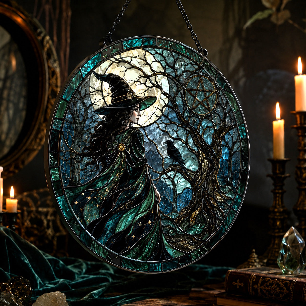 Haunted Forest Witch Glass Suncatcher - hanging view