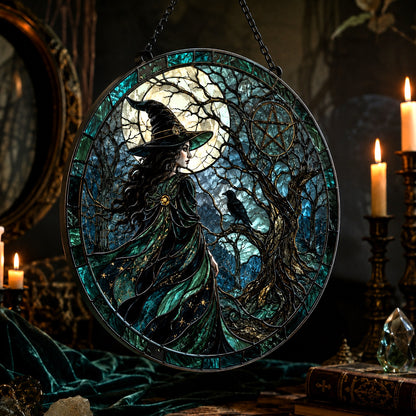 Haunted Forest Witch Glass Suncatcher - hanging view