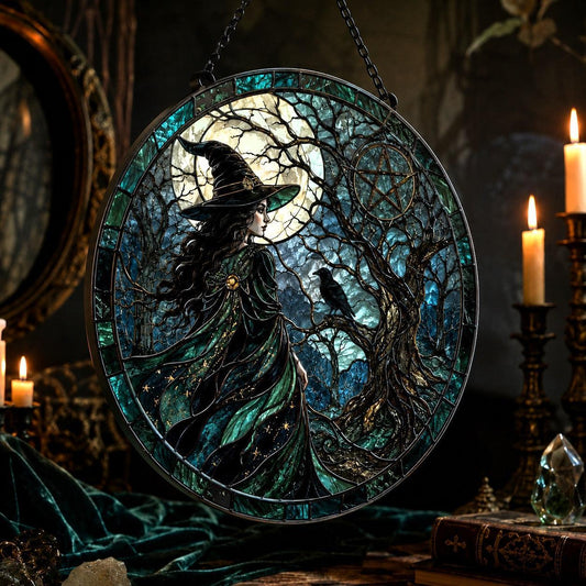 Haunted Forest Witch Glass Suncatcher - hanging view
