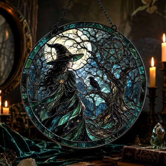 Haunted Forest Witch Glass Suncatcher - window display
