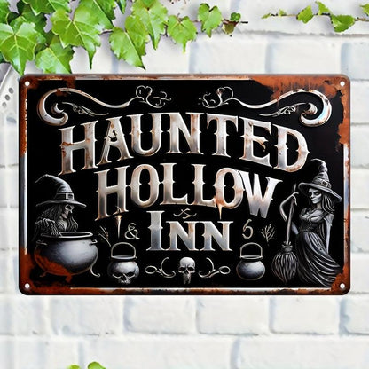 Haunted Hollow Inn Metal Sign Witch Wall Decor Halloween Welcome Sign-MoonChildWorld