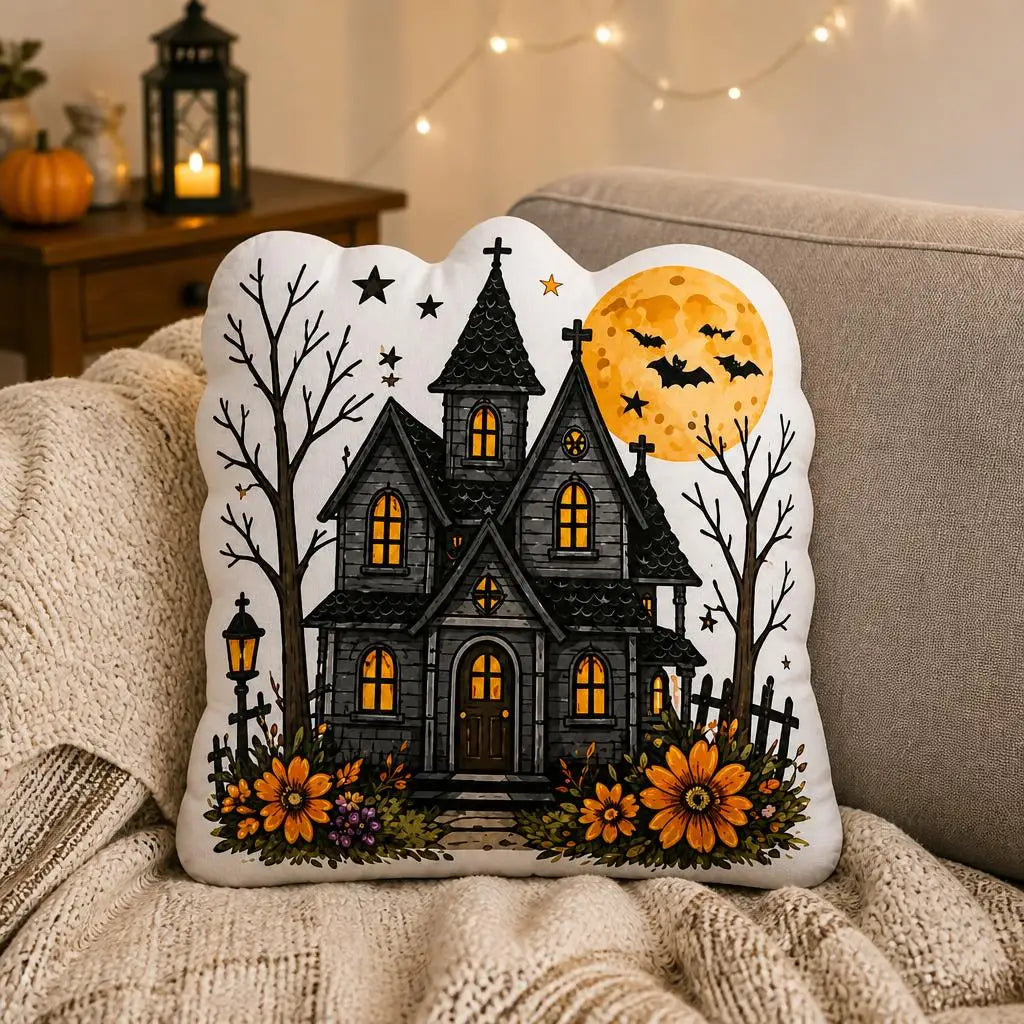 Styled on a sofa: haunted house moon plush pillow with haunted house, bats and full moon artwork