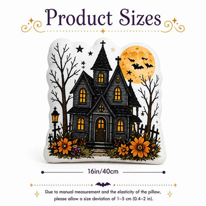 Size guide for haunted house moon plush pillow, showing 16 inches / 40 cm