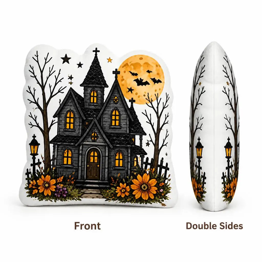 Front and side profile: haunted house moon plush pillow with haunted house, bats and full moon artwork