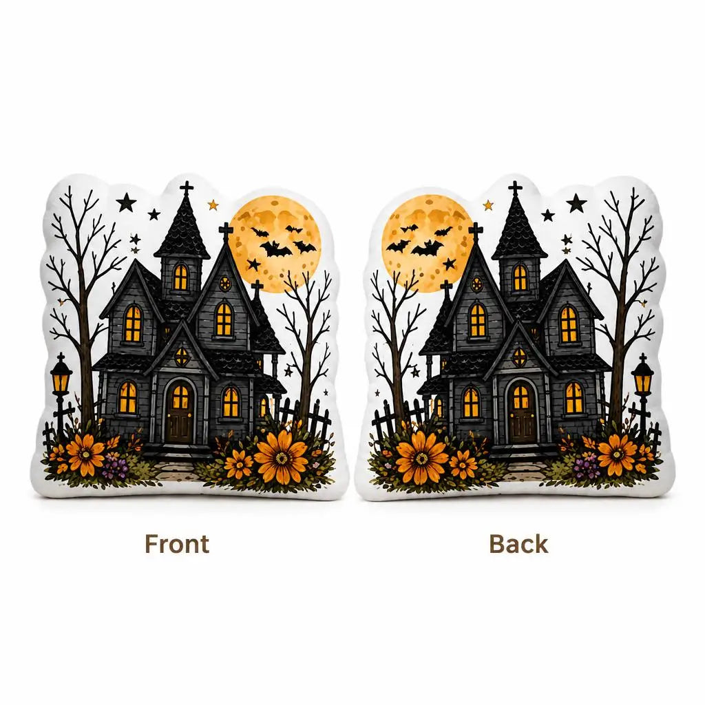 Front and back views: haunted house moon plush pillow with haunted house, bats and full moon artwork