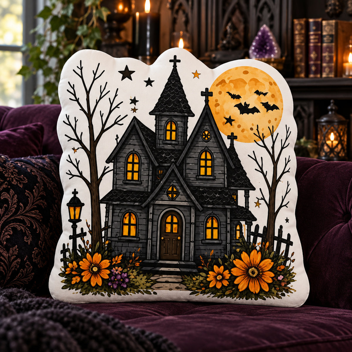 Haunted House Moon Pillow in a sunlit witchy room