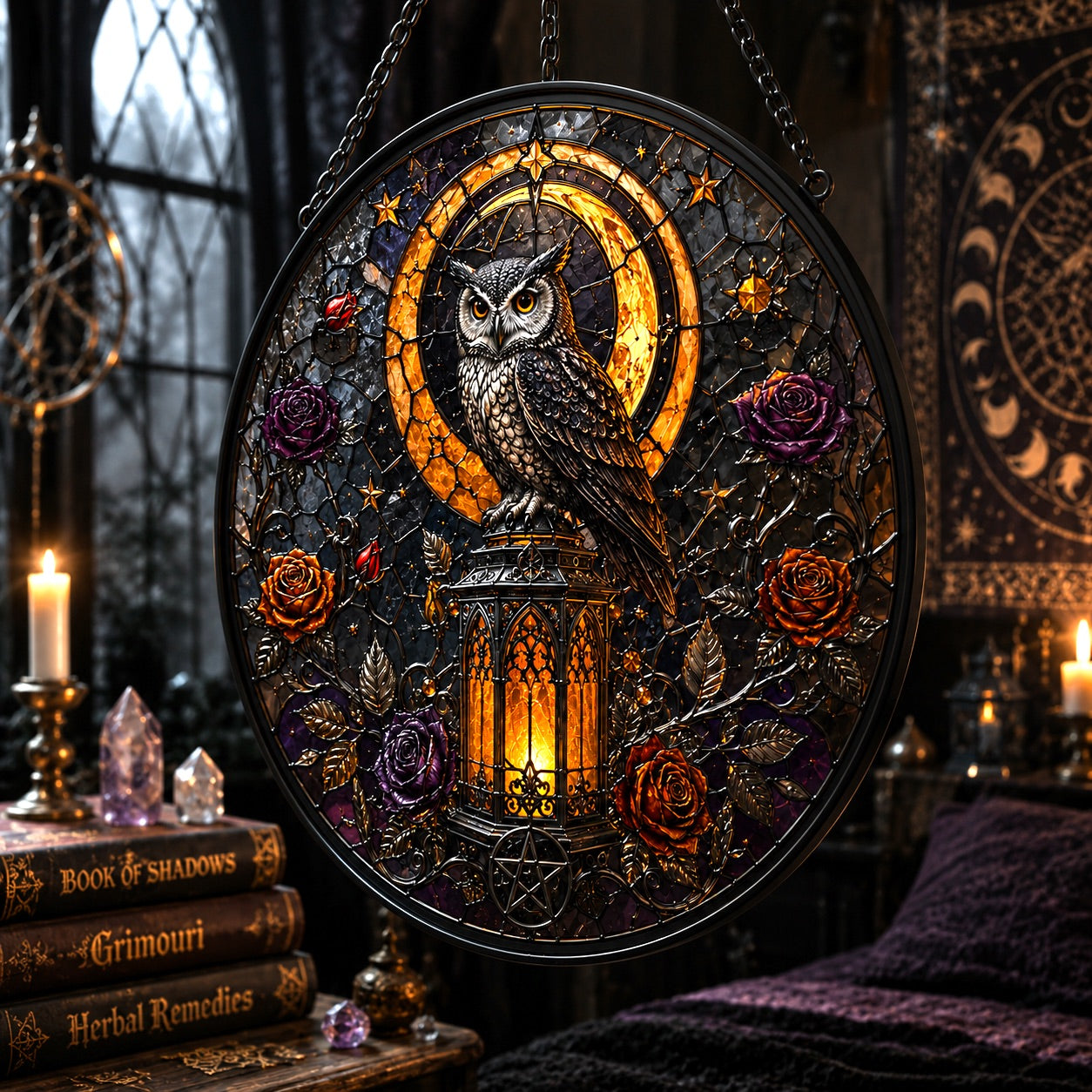 Haunted Lantern Owl Glass Suncatcher - hanging view