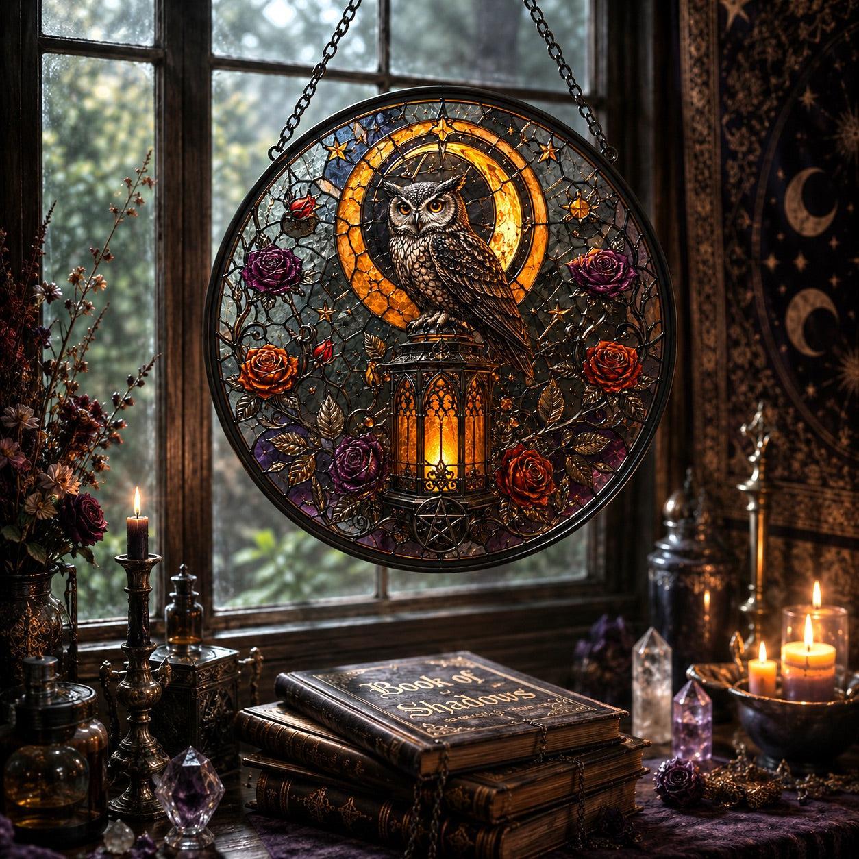 Haunted Lantern Owl Glass Suncatcher - sunlight glow