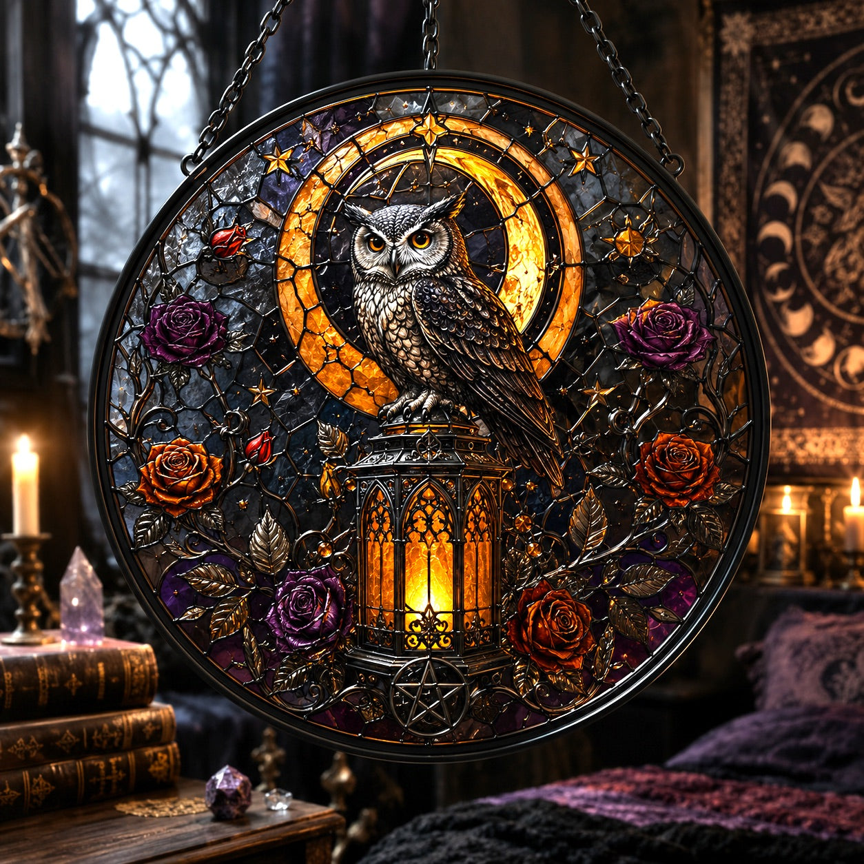 Haunted Lantern Owl Glass Suncatcher - window display
