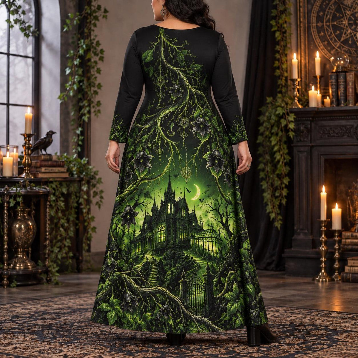 Haunted Manor Plus Size Witch Dress – Green Gothic Long Sleeve Maxi – worn, back view