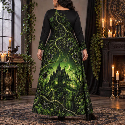 Haunted Manor Plus Size Witch Dress – Green Gothic Long Sleeve Maxi – worn, back view