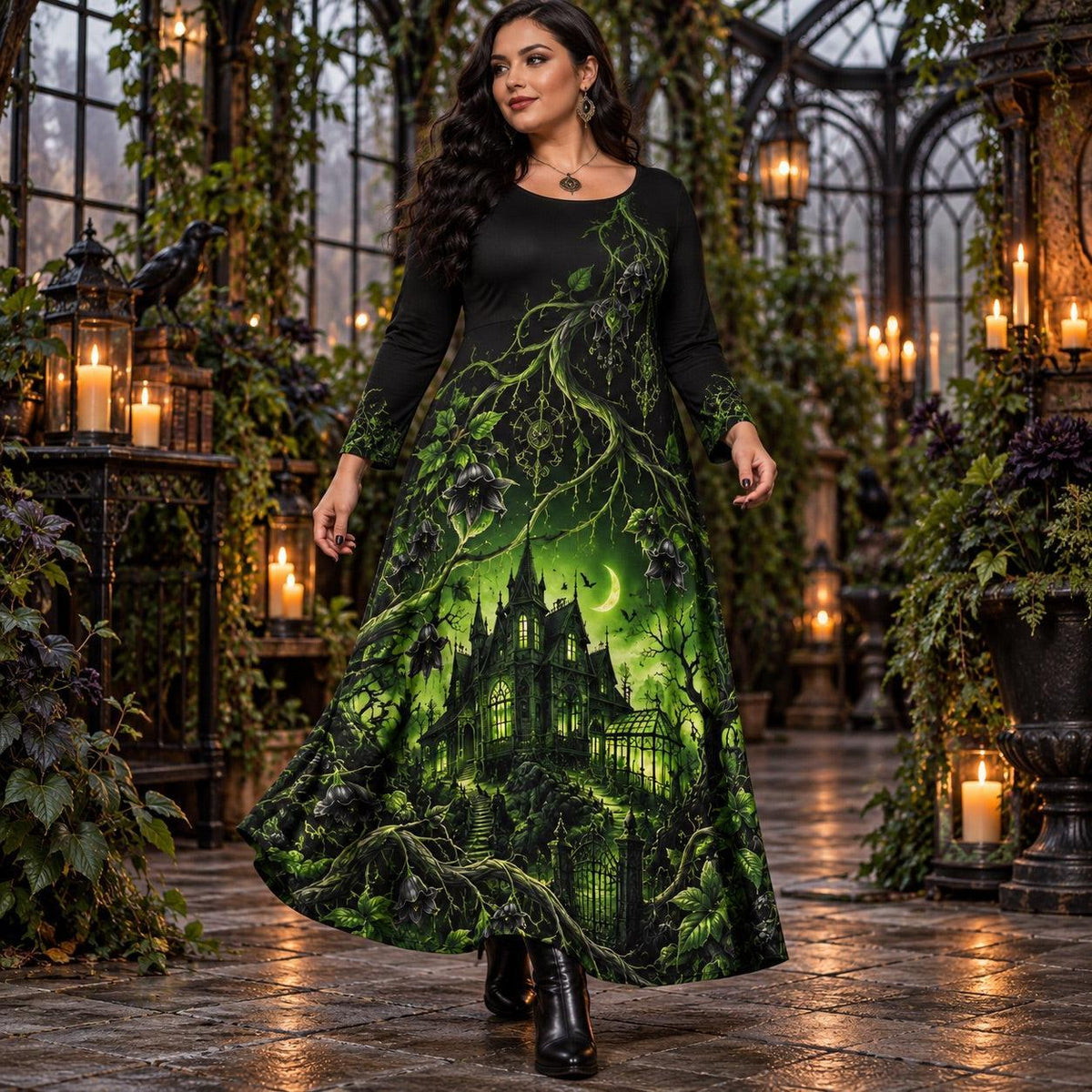Haunted Manor Plus Size Witch Dress – Green Gothic Long Sleeve Maxi – worn, in motion