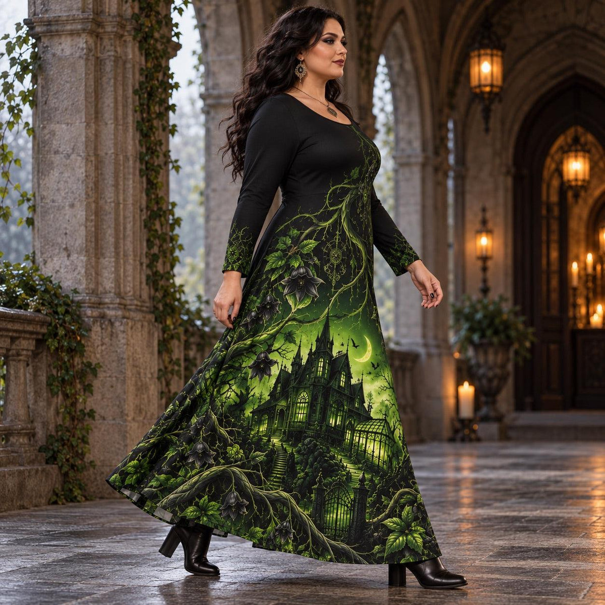 Haunted Manor Plus Size Witch Dress – Green Gothic Long Sleeve Maxi – worn, three quarter view