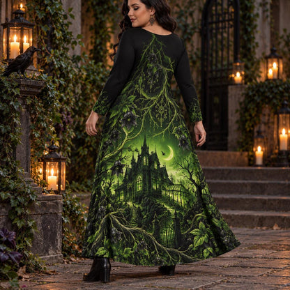 Haunted Manor Plus Size Witch Dress – Green Gothic Long Sleeve Maxi – worn, back view