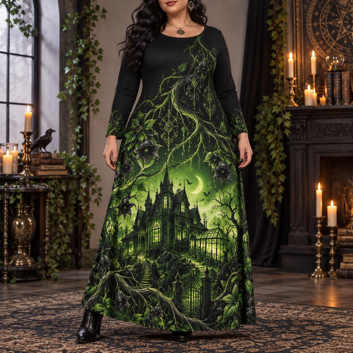 Haunted Manor Plus Size Witch Dress – Green Gothic Long Sleeve Maxi – worn, front view