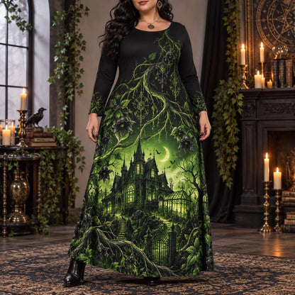 Haunted Manor Plus Size Witch Dress – Green Gothic Long Sleeve Maxi – worn, front view