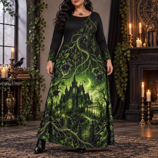 Haunted Manor Plus Size Witch Dress – Green Gothic Long Sleeve Maxi – worn, front view