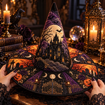 Haunted Manor Quilted Witch Hat – Bat Full Moon Halloween Brim Hat – held in both hands