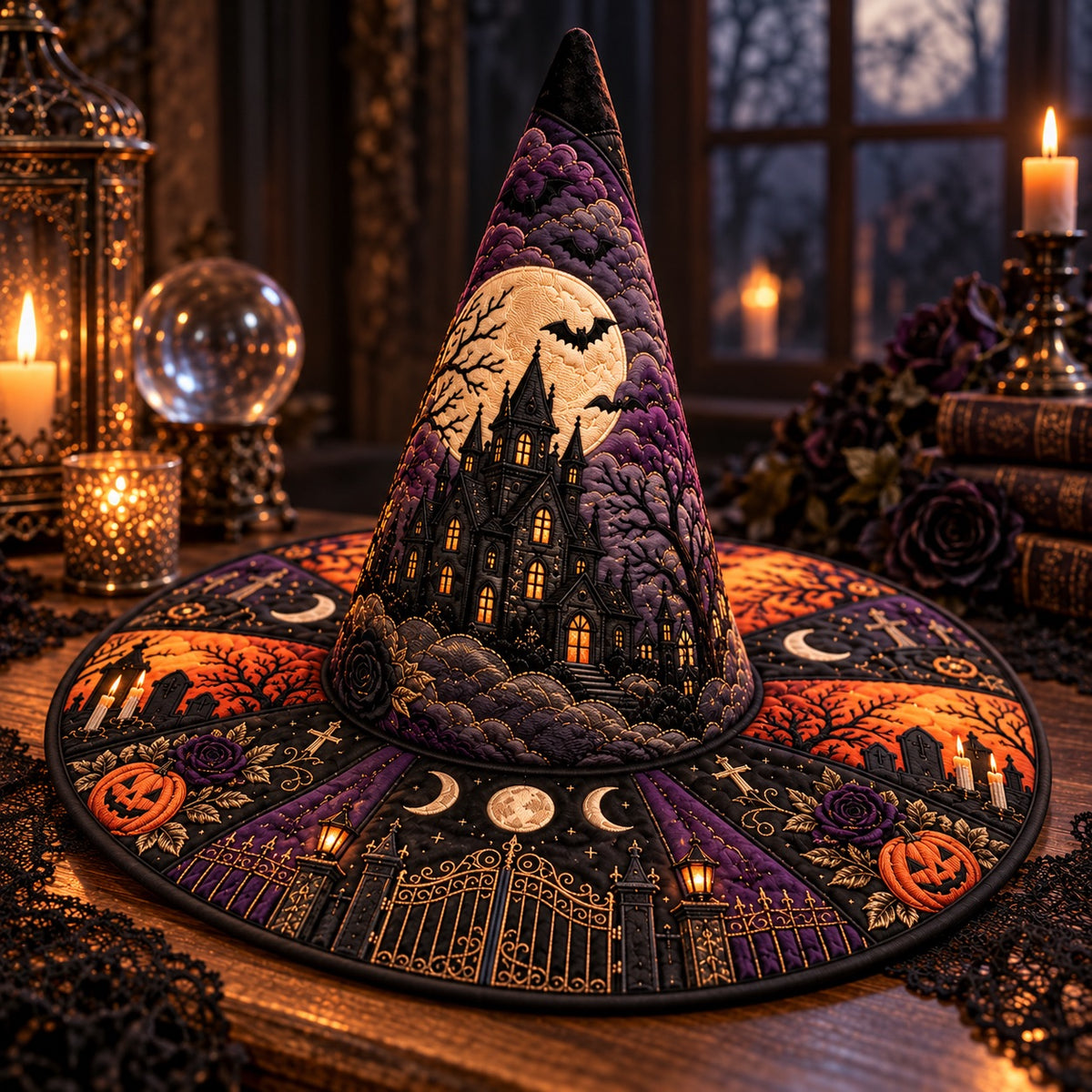 Haunted Manor Quilted Witch Hat – Bat Full Moon Halloween Brim Hat – styled with candles and crystals