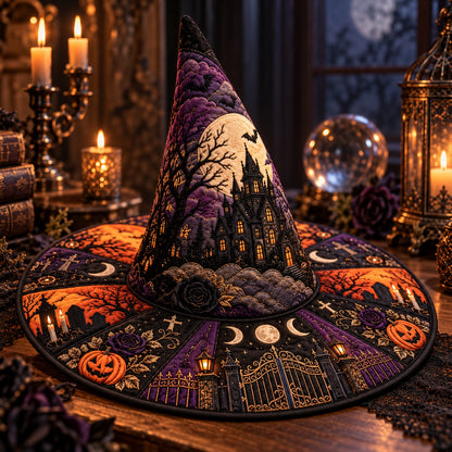 Haunted Manor Quilted Witch Hat – Bat Full Moon Halloween Brim Hat – styled with candles and crystals