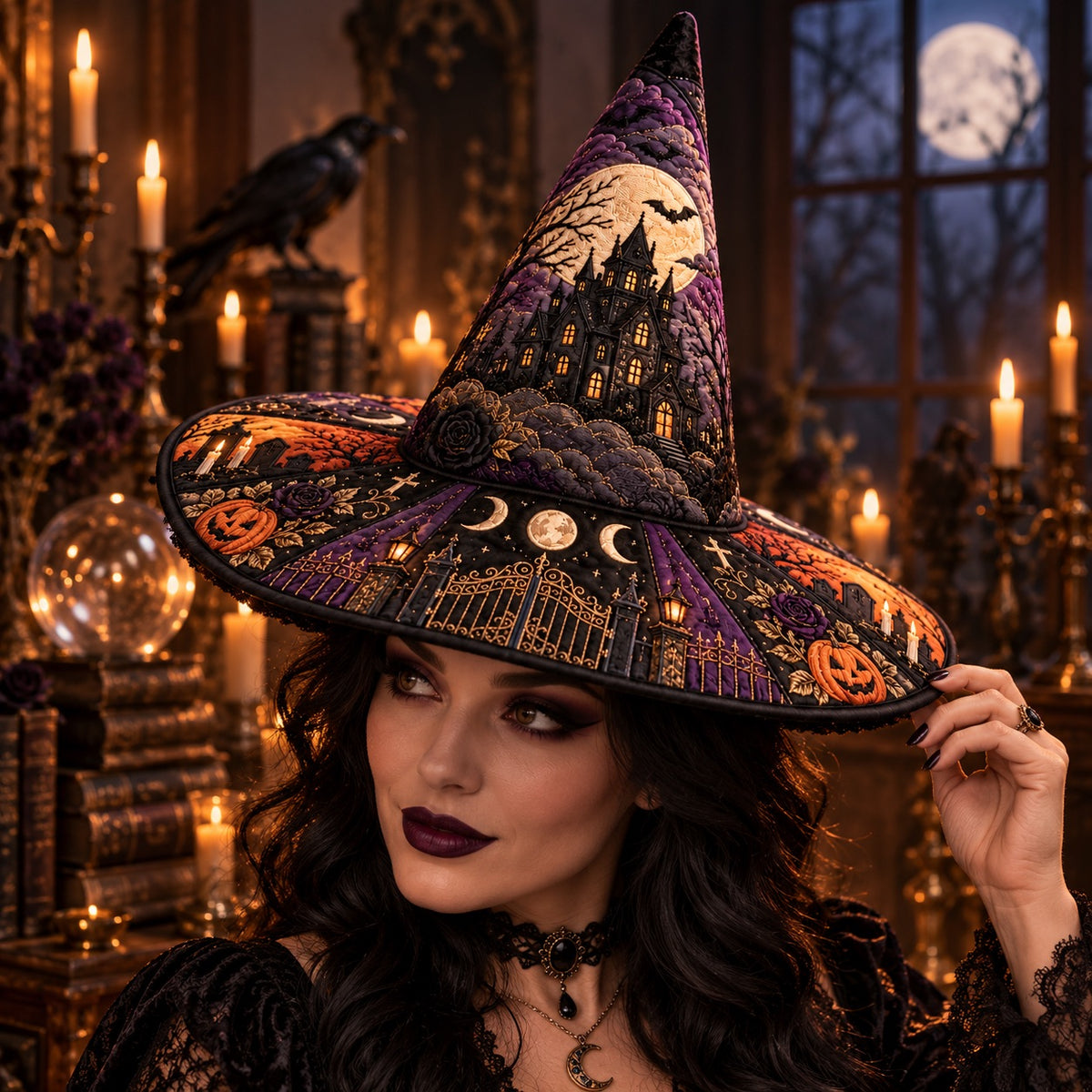 Haunted Manor Quilted Witch Hat – Bat Full Moon Halloween Brim Hat – worn by a model