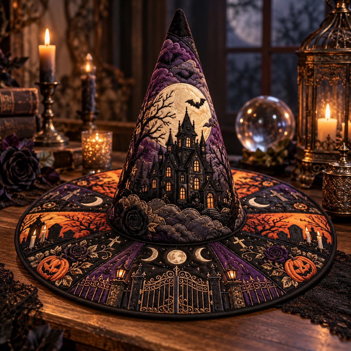 Haunted Manor Quilted Witch Hat – Bat Full Moon Halloween Brim Hat – styled with candles and crystals