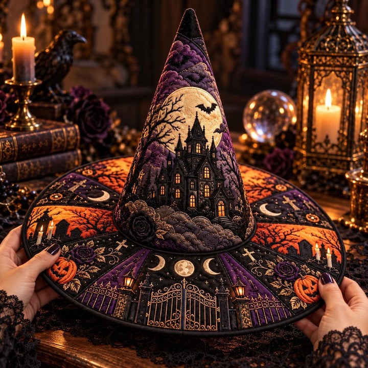 Haunted Manor Quilted Witch Hat – Bat Full Moon Halloween Brim Hat – held in both hands