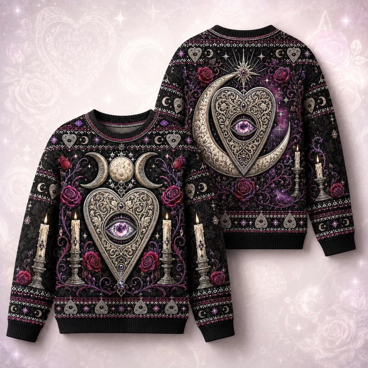 Heart Planchette Sweater Crescent Moon Candle Rose Knit front and back together