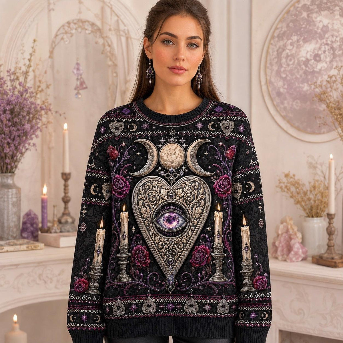 Heart Planchette Sweater Crescent Moon Candle Rose Knit worn, front view