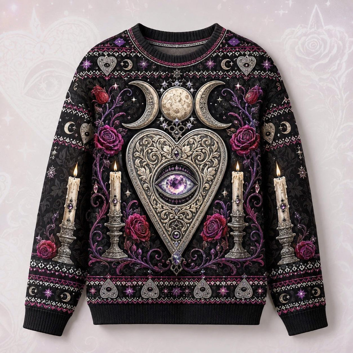 Heart Planchette Sweater Crescent Moon Candle Rose Knit front view